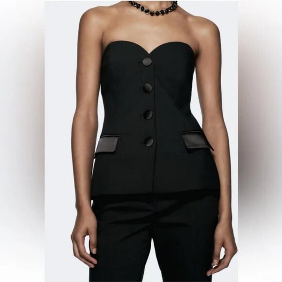 ZARA COMBINATION SATIN EFFECT TUXEDO BUSTIER TOP - Picture 2 of 5